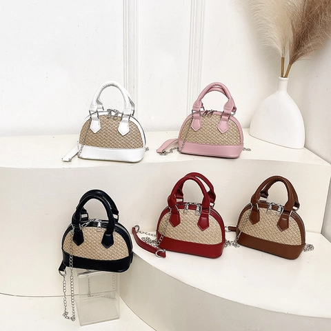 Mini Borsa A Conchiglia Donna Paglia Pelle PU Patchwork Intrecciata Borsa A Spalla Tracolla Con Catena Argentata Per Vacanze Estive