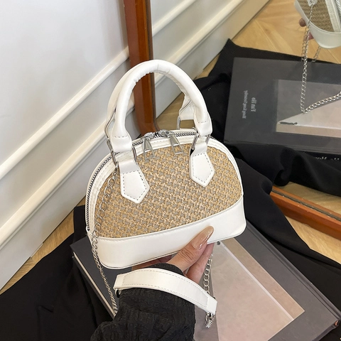 Mini Borsa A Conchiglia Donna Paglia Pelle PU Patchwork Intrecciata Borsa A Spalla Tracolla Con Catena Argentata Per Vacanze Estive