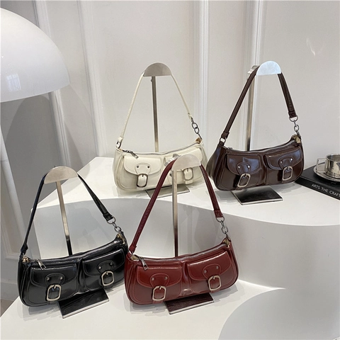 Retro Glänzende PU Leder Baguette Tasche Für Damen Vintage Schultertasche Mit Doppelschnallen Taschen Minimalistische Casual Unterarmtasche