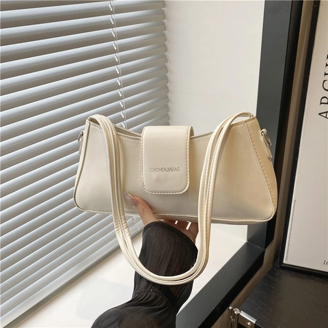 Elegant PU Leather Baguette Bag For Women Trendy Underarm Shoulder Bag Niche Design Commuter Solid Color Handbag