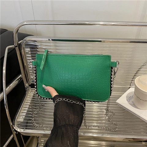 Borsa A Tracolla Da Donna Motivo Coccodrillo Pelle PU Catena In Metallo Decorazione Borchie Chic Trendy Piccola Borsa Quadrata