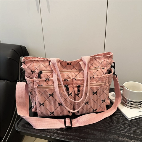Borsa Tote Grande In Velluto A Coste Da Donna Con Stampa Fiocco Borsa A Tracolla Trapuntata Con Tasche Multiple