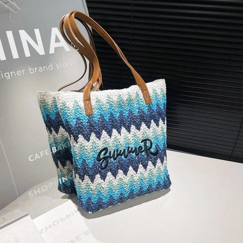 Borsa Tote In Paglia Intrecciata Grande Capacità Motivo A Onde Borsa A Tracolla Per Vacanze Al Mare E Tempo Libero