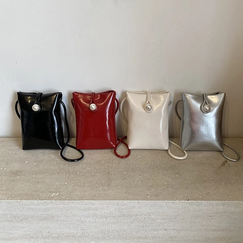 Bolso para Teléfono Móvil de Cuero PU para Mujer con Gran Perla Artificial Bolso de Hombro Minimalista de Color Sólido Elegante