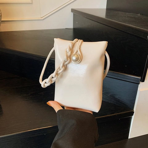 Mini Crossbody Phone Bag PU Leather Artificial Pearl Decoration Trendy Fashion Shoulder Pouch For Women