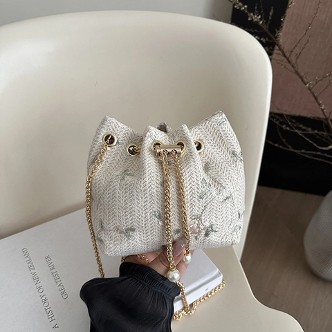 Florale Stickerei Stroh Bucket Bag Mit Goldener Kette Und Künstliche Perlen Dekor Kordelzug Damen Schulter Umhängetasche