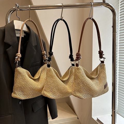 Women Summer Straw Woven Shoulder Bag Casual Small Square Handbag With Synthetic Leather Strap Zipper Crossbody Bag Vacation Beach Daily Accessory