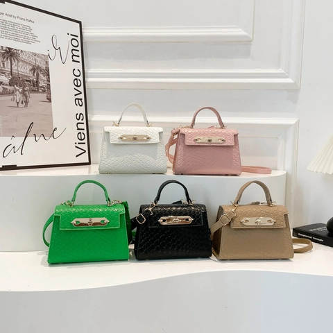 Women Handbag Woven Texture PU Leather Metal Lock Crossbody Shoulder Bag Small Square Top Handle Fashion