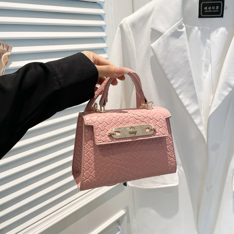 Women Handbag Woven Texture PU Leather Metal Lock Crossbody Shoulder Bag Small Square Top Handle Fashion