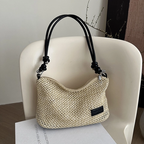 Bolso De Axila Tejido De Paja Para Mujer Gran Capacidad Color De Contraste Correa De Cuero Con Nudo Bolso De Playa Verano