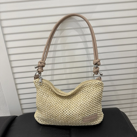 Υφαντή Ψάθινη Τσάντα Tote Casual Καλοκαιρινή Παραλία Τσάντα Ώμου Με Λουράκι Από Τεχνητό Δέρμα Με Κόμπους Για Γυναίκες