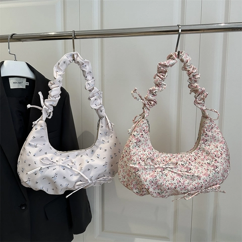 Floral Hobo Bag Pleated Shoulder Strap Bow Decor Polyester Cloth Casual Underarm Shoulder Bag For Women