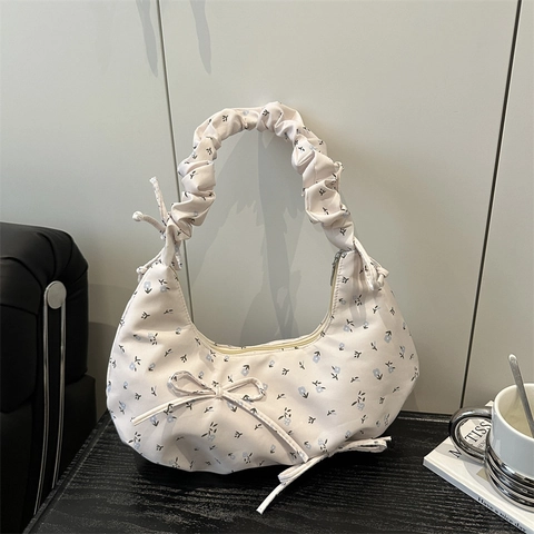 Floral Hobo Bag Pleated Shoulder Strap Bow Decor Polyester Cloth Casual Underarm Shoulder Bag For Women
