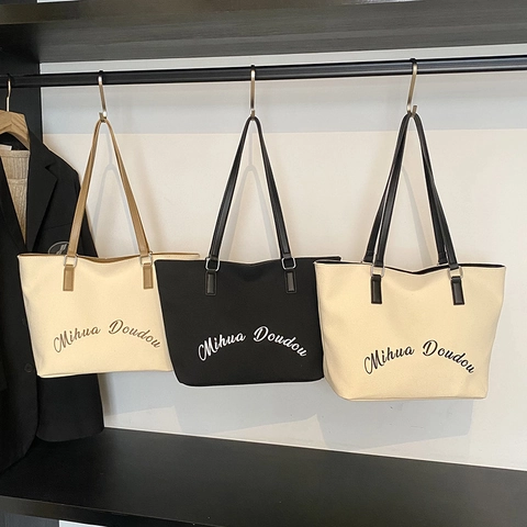 Minimalistische Große Damen Tragetasche Leinwand Mit PU Lederriemen Buchstabendruck Lässige Umhängetasche