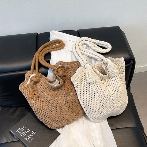 Borsa Tote in Crochet Intrecciata a Mano Donna Con Nappe Manico in Corda Boemia Grande Capacità Borsa a Tracolla Spiaggia Estiva