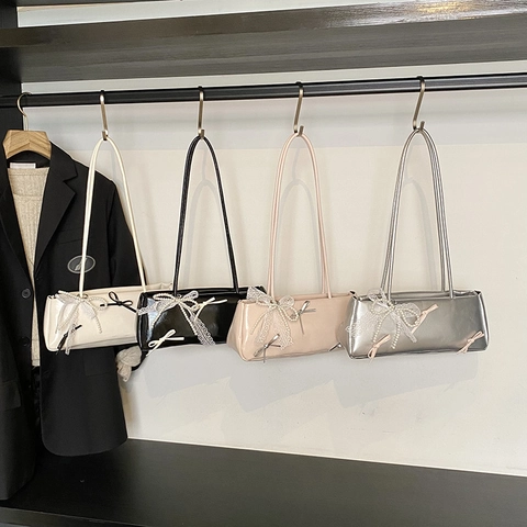 Bolso De Hombro Para Axila Para Mujer Decoración De Lazo Dulce Cuero PU Estilo Coreano Bolso Rectangular Con Perla Artificial Encaje Cinta