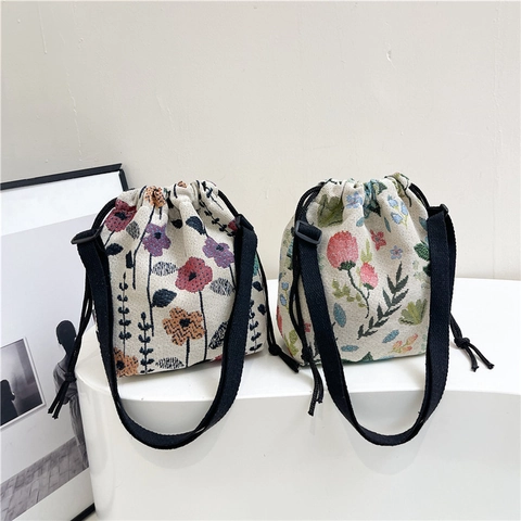 Vintage Blumen Jacquard Beuteltasche Damen Boho Stil Kordelzug Umhängetasche Verstellbarem Riemen Lässige Handtasche