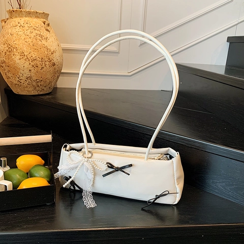 Bolso De Hombro Para Axila Para Mujer Decoración De Lazo Dulce Cuero PU Estilo Coreano Bolso Rectangular Con Perla Artificial Encaje Cinta