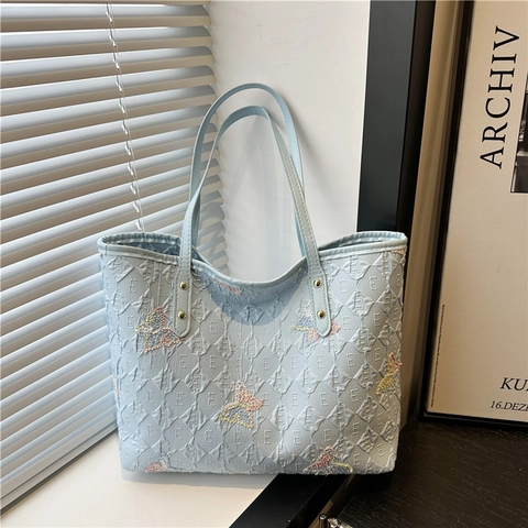 Butterfly Embroidery Tote Bag Women Large Capacity Quilted Shoulder Bag Solid Color Casual Chic Trendy Handbag