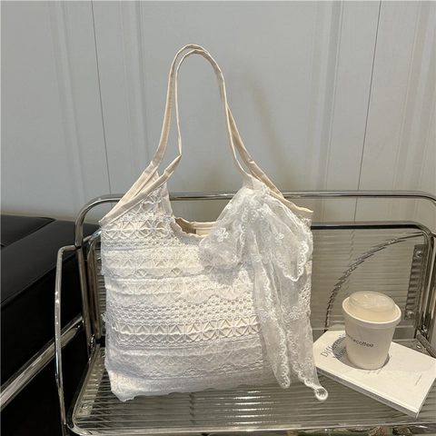 Sac Cabas En Dentelle Pour Femme Grande Capacité Avec Nœud Sac À Épaule Ajouré Style Romantique Français Doux
