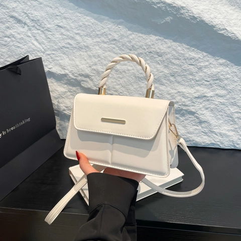 Fashion PU Leather Small Square Shoulder Bag For Women 2025 Summer Minimalist Crossbody Bag With Twist Handle Gold Metal Decor