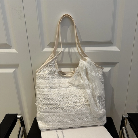 Dames Grote Capaciteit Nylon Kant Tote Bag Koreaanse Gehaakte Bloem Schoudertas Met Sjaal Hanger Elegante Zomervakantie Stijl Tas