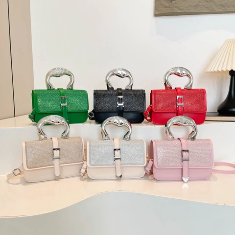 Bolso De Hombro Cruzado Mujer Cuero PU Estrás Brillo Asa De Metal Irregular Colgante Corazón Bolso De Mano