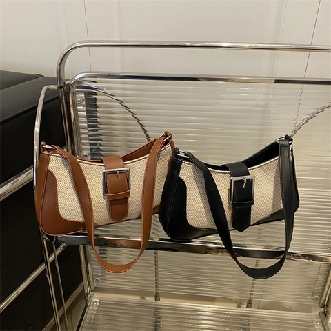 Sac Baguette Vintage Femme en Toile et Cuir Synthétique Patchwork Sac Sous le Bras Bandoulière Avec Boucle Argent Sac à Main Mode