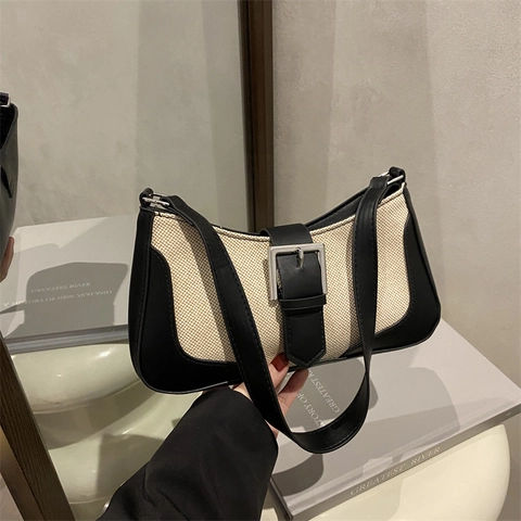 Borsa A Spalla Patchwork In Tela E PU Retrò Da Donna Borsa Sottoascellare Con Grande Fibbia In Metallo Minimalista