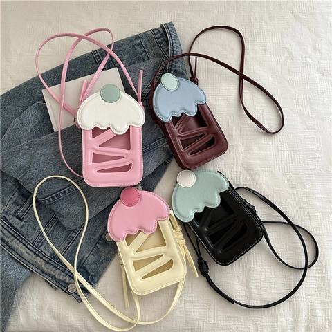 Cupcake Ice Cream Shape Mini Crossbody Phone Bag PU Leather Hollow Out Contrast Color Cute Korean Style For Women Girls