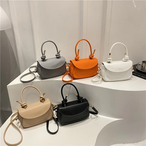Small Square Handbag For Women PU Leather Knot Handle Detachable Shoulder Strap Casual Crossbody Bag