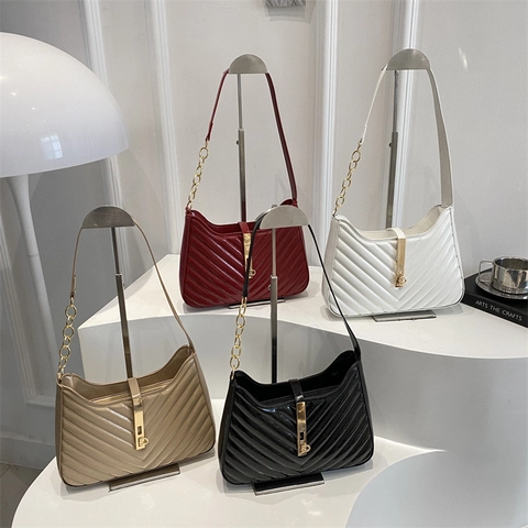 Borsa A Spalla Donna Pelle PU Trapuntata A V Chevron Borsa Da Ascella Hobo Con Chiusura In Metallo Dorato E Catena