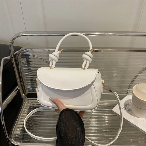 Small Square Handbag For Women PU Leather Knot Handle Detachable Shoulder Strap Casual Crossbody Bag