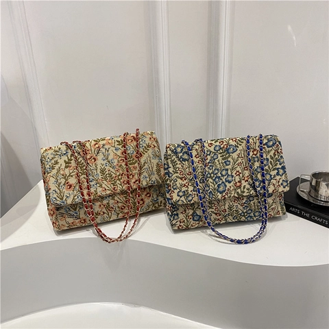 Sac À Épaule Jacquard À Fleurs Vintage Style Ethnique Rétro Sac Baguette Avec Bandoulière Chaîne À Rabat Pour Femme