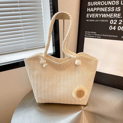 Large Capacity Straw Woven Tote Bag With Sunflower Decoration Thick Cotton Rope Handle Zipper Bucket Bag For Women Summer Beach Travel Vacation