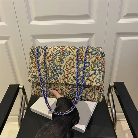 Sac À Épaule Jacquard À Fleurs Vintage Style Ethnique Rétro Sac Baguette Avec Bandoulière Chaîne À Rabat Pour Femme