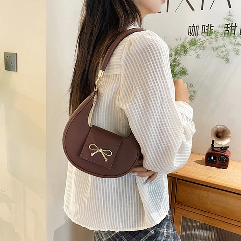 Bolso de Hombro de Media Luna de Cuero PU para Mujer Lazo Bolso de Axila Retro Patrón Saffiano Color Sólido Bolso Hobo Chic