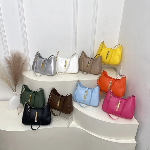 Fashion PU Leather Hobo Shoulder Bag For Women Minimalist Underarm Bag With Metal Chain Strap Retro Square Crossbody Bag