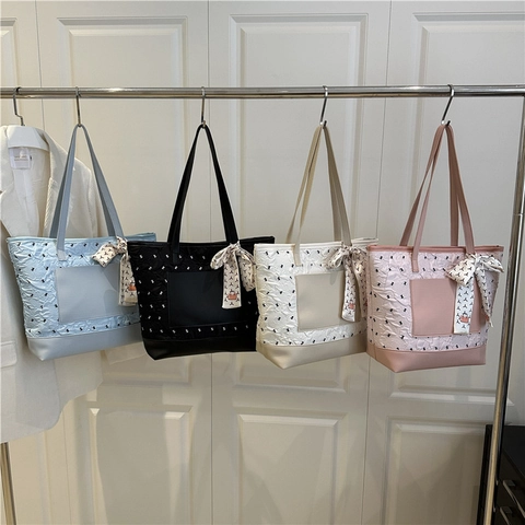 Borsa Tote Trapuntata Plicsettata da Donna Grande Capacità Borsa a Spalla in Pelle PU Con Decorazione Sciarpa in Raso