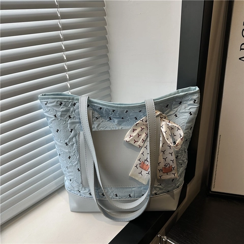 Borsa Tote Patchwork Trapuntata da Donna Grande Capacità in Pelle PU Borsa a Spalla con Fiocco a Sciarpa Decorativo