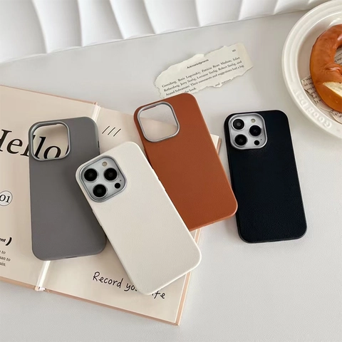 Lychee Pattern Leather Phone Case TPU Soft Shell With Metal Camera Ring Protective Cover For iPhone Solid Color Simple