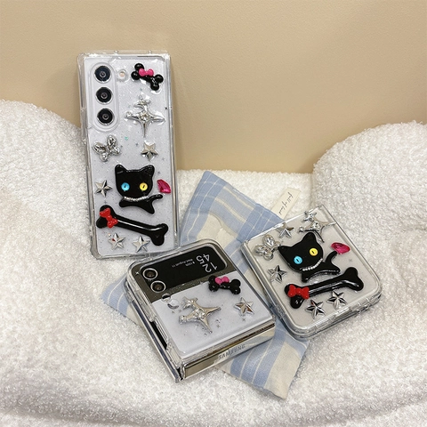 3D Cat Bone Star Butterfly Phone Case For Galaxy Z Flip TPU Glitter Sparkle Y2K Sweet Cool Protective Cover