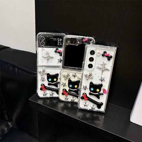 3D Cat Bone Star Butterfly Phone Case For Galaxy Z Flip TPU Glitter Sparkle Y2K Sweet Cool Protective Cover