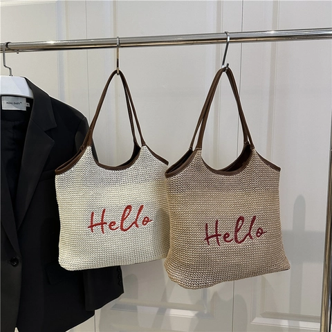 Women Fashion Straw Woven Tote Bag With Hello Embroidery PU Leather Handle Large Capacity Casual Beach Shoulder Bag Handbag