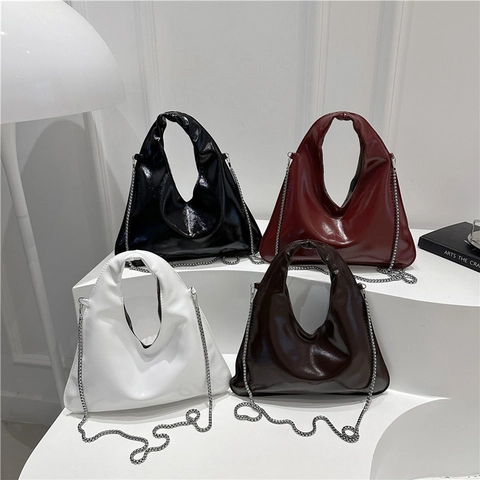 Fashion Women Glossy PU Leather Shoulder Bag Triangle Hobo Handbag With Metal Chain Strap Large Capacity Solid Color Casual Tote
