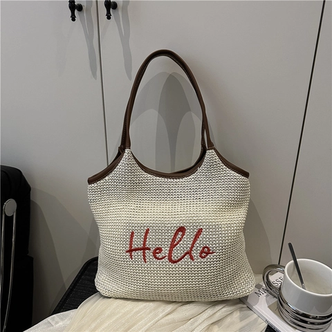 Women Summer Large Capacity Straw Woven Tote Bag Embroidered Hello Shoulder Bag Casual Beach Vacation Fashion Handbag