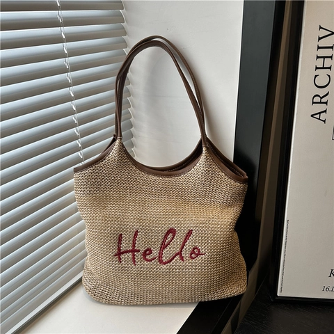 Borsa Tote in Paglia Intrecciata Donna Grande Capacità Hello Ricamo Lettera Borsa da Spiaggia Vacanza Borsa a Spalla Casual Moda