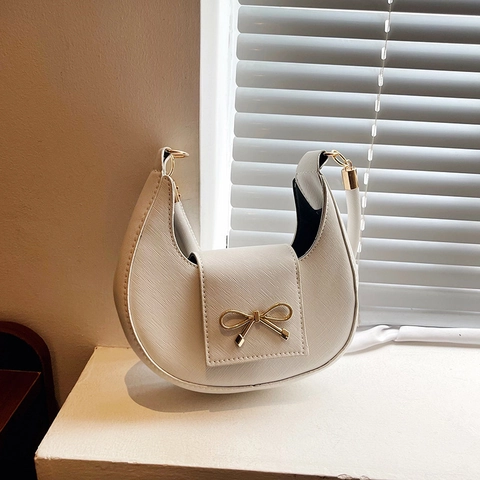 Women Underarm Hobo Bag PU Leather Crescent Shape Gold Bow Metal Buckle Retro Solid Color Simple Elegant Fashion