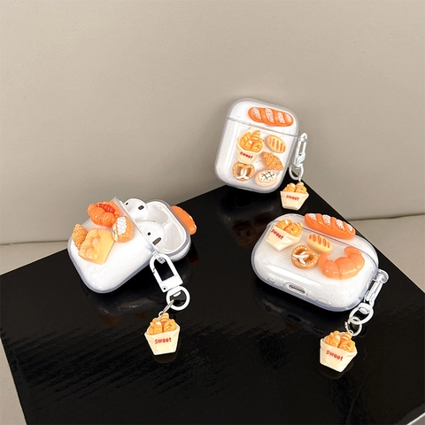 Funda Para Auriculares Inalámbricos Transparente TPU Con Dijes Pan 3D Simulación Croissant Baguette Lindo Creativo Cubierta