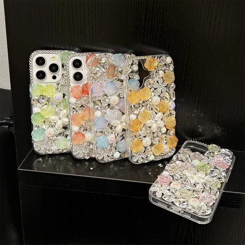 Luxus iPhone Hülle 3D Harz Rosenblüten Strass Full Diamond Handgefertigt Künstliche Perlen Blumen Handy Schutzhülle